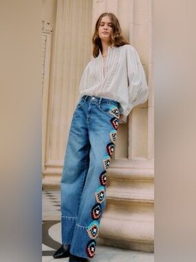 Farm Rio crochet jeans Blue/Multi Colorful Stripes Crochet Denim Cotton